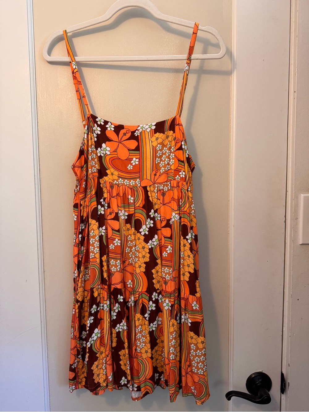 Women's Orange Floral Mini Dress - Spaghetti Strap